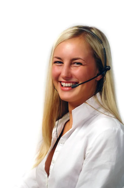 Retrato Una Joven Mujer Negocios Con Auriculares — Foto de Stock