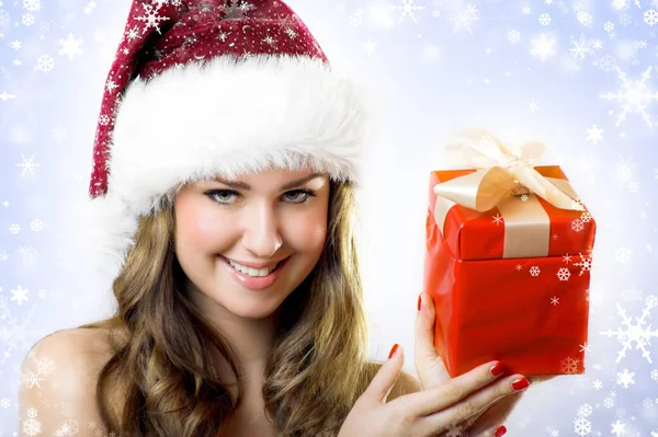 Laughing Christmas Woman Gift Royalty Free Stock Images