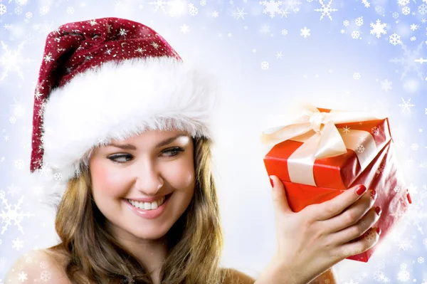 Laughing Christmas Woman Gift Stock Photo