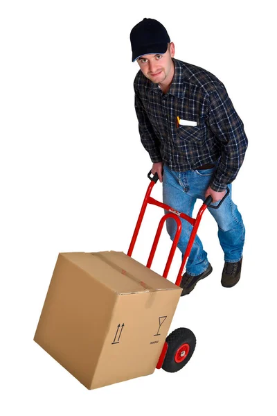 Homem Entrega Com Pacote Caixa — Fotografia de Stock