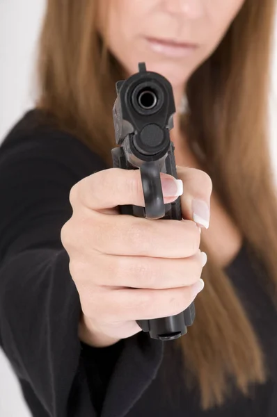 Mujer Con Armas Mano Tiene Como Objetivo —  Fotos de Stock