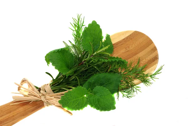 Wooden Spoon Fresh Herbs — Stock Photo, Image