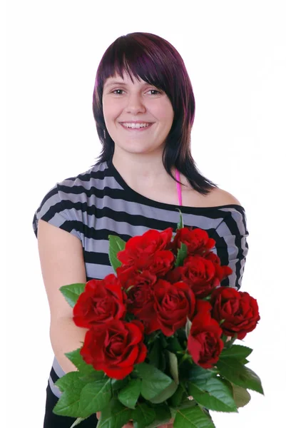 Hermosa Mujer Con Rosas Rojas Aisladas Blanco — Foto de Stock