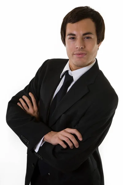 Portret Młodego Biznesmena Czarnym Garniturze Białym Tle — Zdjęcie stockowe