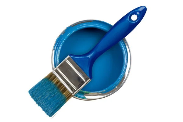 Pintura Azul Puede Con Brocha Aislada — Foto de Stock