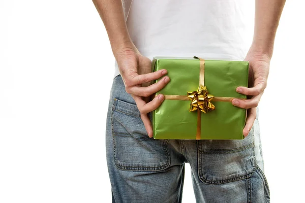 Man Jeans Holding Green Gift Stock Photo