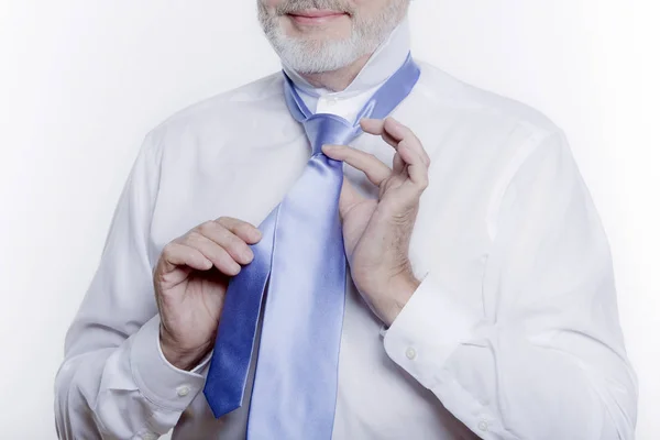Old Senior Man Try Tie His Necktie — Stock Photo, Image