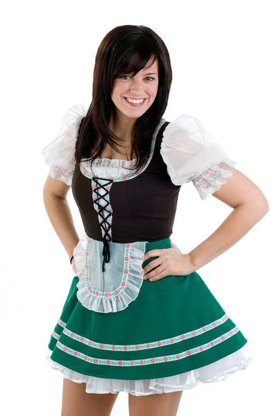 Mujer Atractiva Feliz Bajo Manto Tradicional Alemán — Foto de Stock