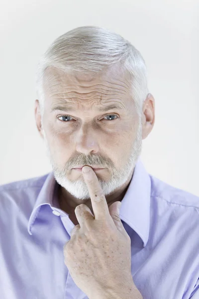 Portrait Thoughtful Senior Man Suit White Background — Stock Photo, Image