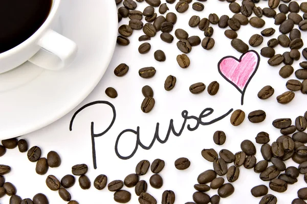 Tazza Caffè Mettere Pausa Testo Sul Tavolo — Foto Stock