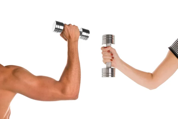 Muscular Man Woman Dumbbells Isolated White — Stock Photo, Image