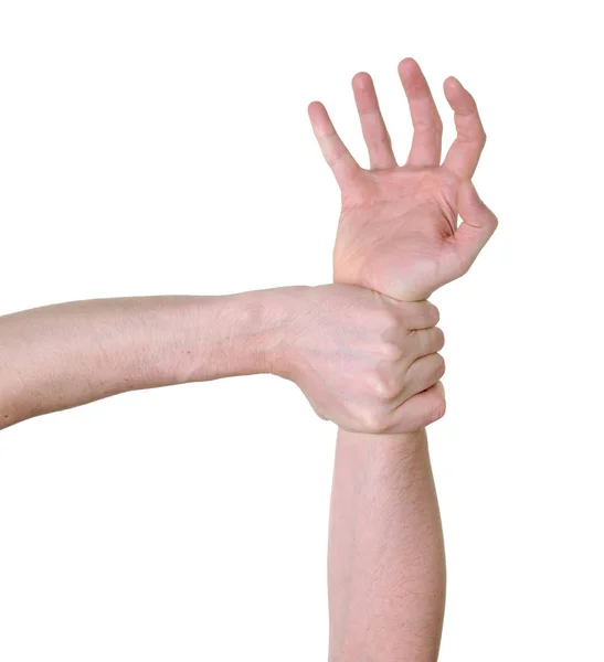 Helfende Hand Gefangen Und Über Handgelenk Gegriffen Isoliert Auf Weißem — Stockfoto