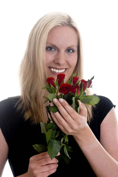 Mujer Joven Con Rosas Mano — Foto de Stock