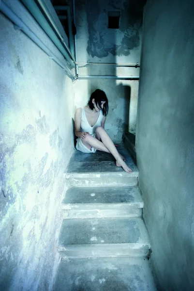 Girl Black Dress Stairs — Stock Photo, Image