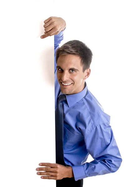 Young Businessman Holding Blank Billboard Isolated White — Stock Photo, Image