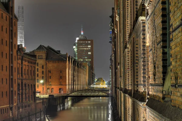 Speicherstadt Hamburg Scena Notturna — Foto Stock