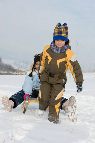 Running Boy Sleihg — Stock Photo, Image