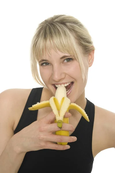 Kvinna Som Innehar Banan — Stockfoto
