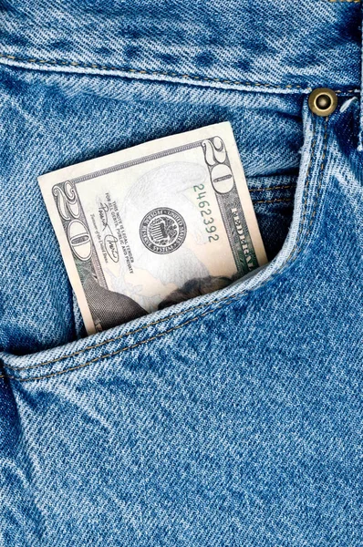 Geld Blauer Jeanstasche — Stockfoto