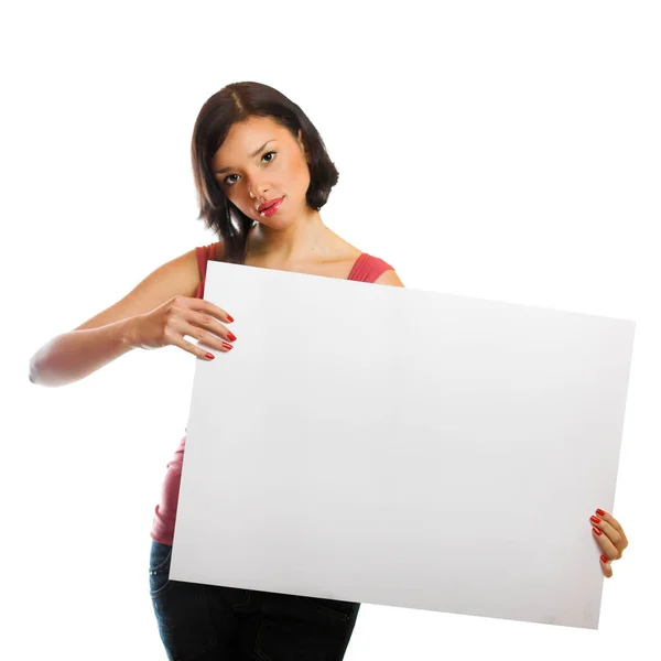Mulher Com Cartaz Espaço Cópia — Fotografia de Stock