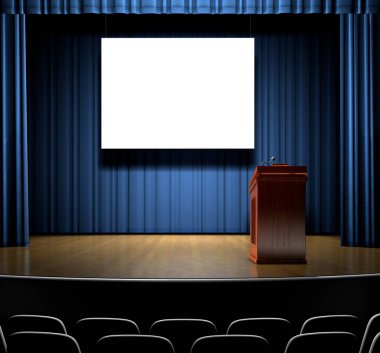 empty theater with red chairs and a projector screen. clipart