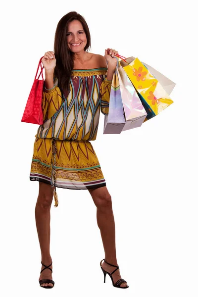 Mulher Feliz Com Saco Compras Segurando Sacos — Fotografia de Stock