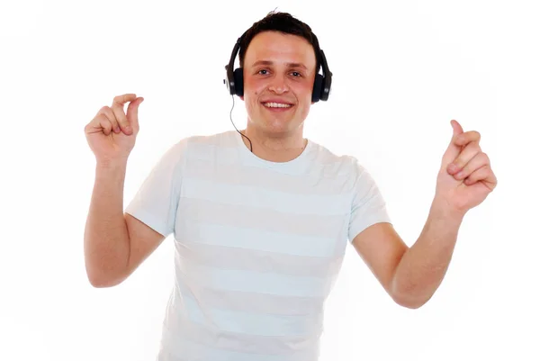 Junger Mann Hört Musik Mit Kopfhörern Isoliert Auf Weiß — Stockfoto