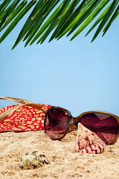 Gafas Sol Sombrero Paja Playa — Foto de Stock