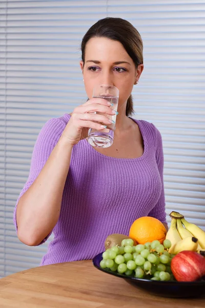 Woman Drinks Glass Mineral Water — Stok Foto