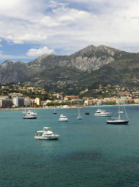 Sailing Yachts Motor Boats Bay Menton Front Ridges Franz — Stock Photo, Image