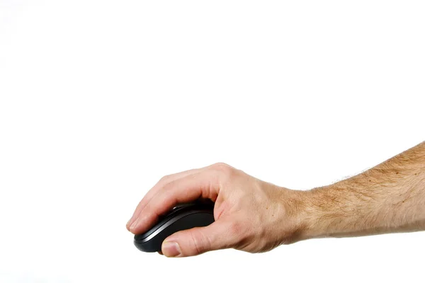 Hand Mit Schwarzer Computermaus Isoliert Auf Weißem Hintergrund — Stockfoto
