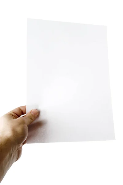 Mão Segurando Cartão Branco Isolado Fundo Branco — Fotografia de Stock