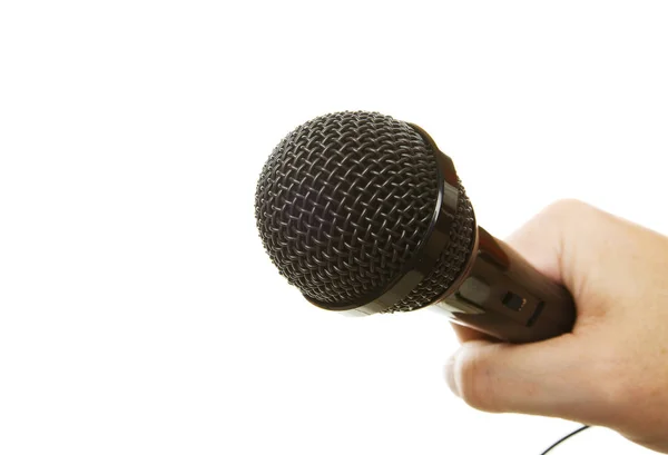 Eldeki Mikrofon Beyaza Izole Edildi — Stok fotoğraf