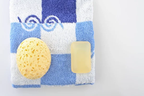 Bath Sponge Blue Towel White Background — Stock Photo, Image