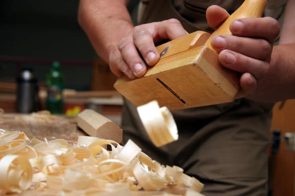 Carpenter Working Wooden Board Close Stock Photo