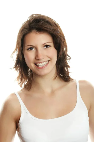 Portret Pięknej Młodej Kobiety Uśmiechem Twarzy — Zdjęcie stockowe