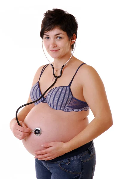 Gravid Kvinna Som Håller Mage Ett Barn — Stockfoto