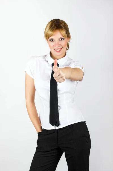 Jovencita Mujer Negocios Con Camisa Blanca Falda Negra Con Una — Foto de Stock