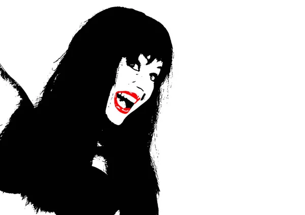 Черно Белая Векторная Иллюстрация Девушки Красными Губами — стоковое фото