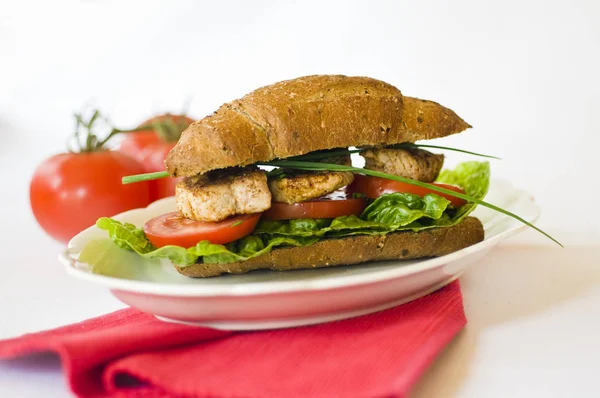 Pan Entero Relleno Trigo Con Filete Cerdo Lechuga Tomates Pimientos — Foto de Stock