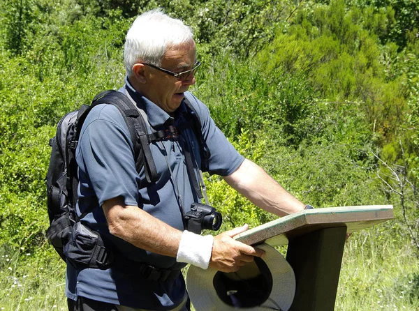 Sırt Çantalı Yaşlı Adam Dağda Yürüyüş Yapıyor — Stok fotoğraf