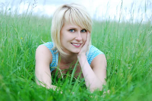 Beautiful Young Woman Lying Grass Stock Photo