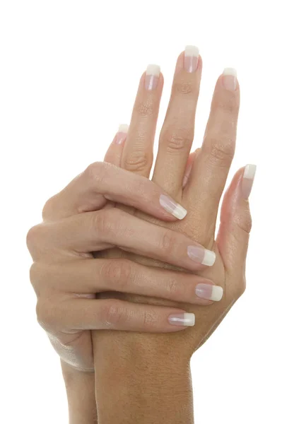 Weibliche Hände Mit Einer Hand Auf Weißem Hintergrund — Stockfoto