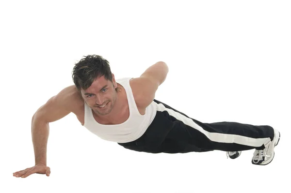 Jovem Homem Fazendo Push Ups Isolado Fundo Branco — Fotografia de Stock