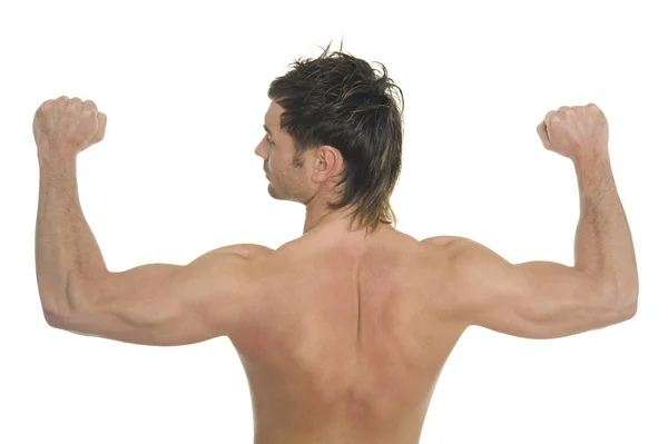 Varón Muscular Con Músculos Torso Desnudos Que Flexiguan Aislamiento Sobre —  Fotos de Stock