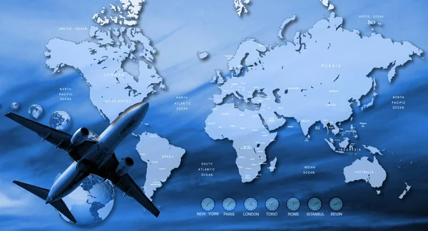 旅行のコンセプト 世界地図と飛行機 — ストック写真