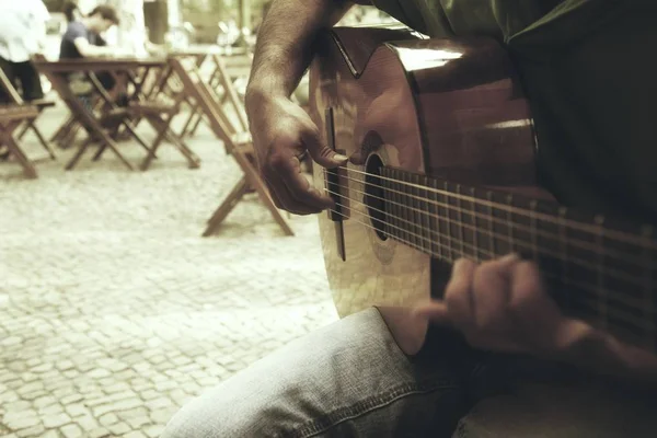 Man Sitting Floor Acoustic Guitar — Stock Photo, Image