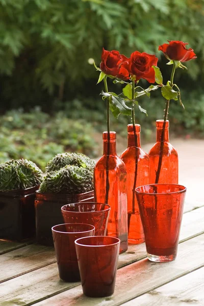 Vie Morte Avec Verre Rouge Plantes Roses — Photo