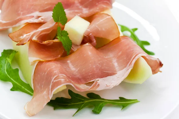 Prosciutto Parma Presunto Três Fatia Melão — Fotografia de Stock