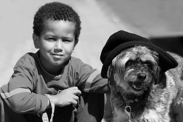 Black White Portrait Young African American Boy Dog — Stock Photo, Image